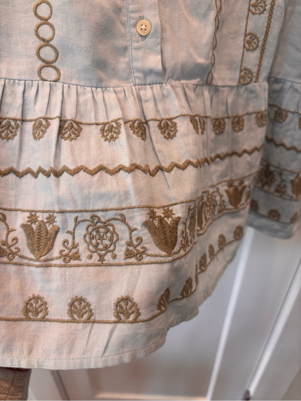 LOFT Light Blue Embroidered Babydoll Button Up Ruffle-Sleeve Women's Top - Picture 6 of 7